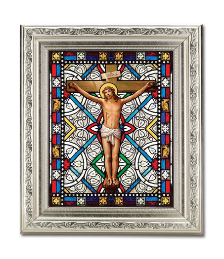 Crucifixion 6"x8" Textured Italian Art Glass in 8" x 10" Detailed Silver Frame, # 1464