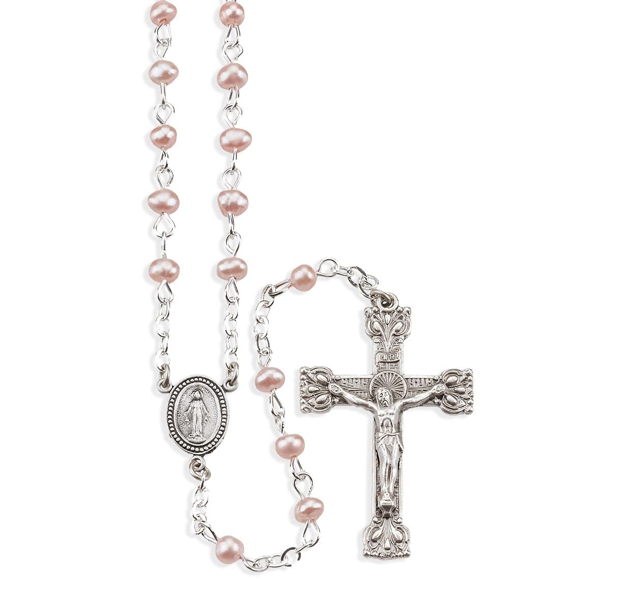 4mm Pink Genuine Fresh Water Pearl Round Bead Rosary with Deluxe Crucifix and Center. 17 1/2"., # 6435