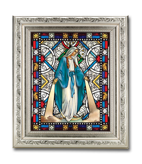 Our Lady of Grace 6"x8" Textured Italian Art Glass in 8" x 10" Detailed Silver Frame, # 1473