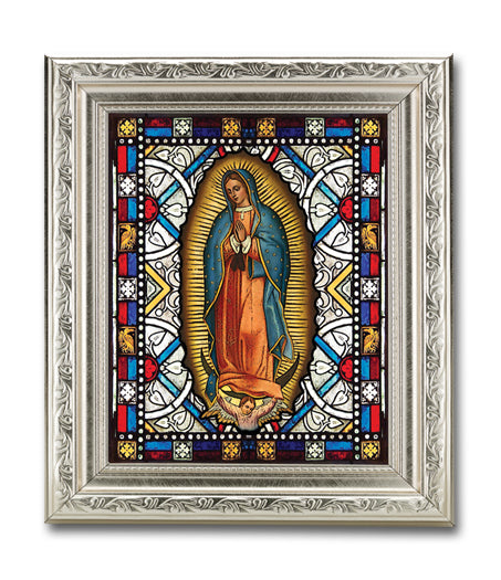 Our Lady of Guadalupe 6"x8" Textured Italian Art Glass in 8" x 10" Detailed Silver Frame, # 1474