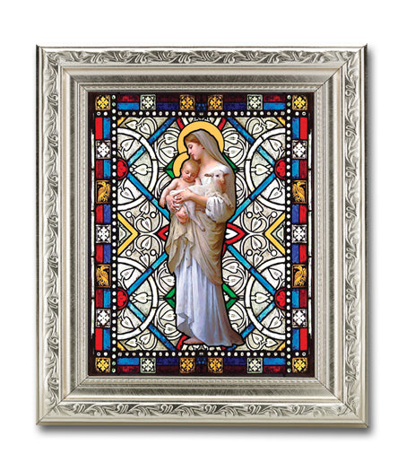 Our Lady of Innocence 6"x8" Textured Italian Art Glass in 8" x 10" Detailed Silver Frame, # 1476