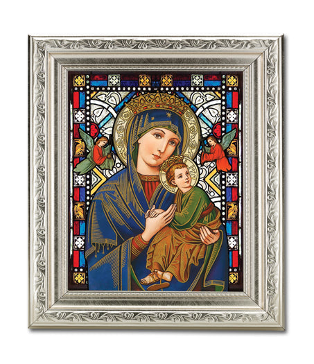 Our Lady of Perpetual Help 6"x8" Textured Italian Art Glass in 8" x 10" Detailed Silver Frame, # 1477