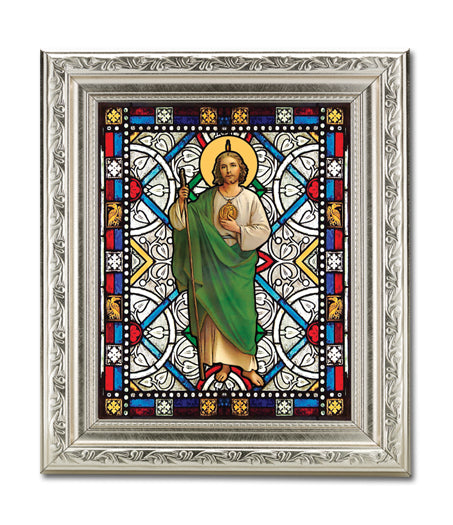St. Jude 6"x8" Textured Italian Art Glass in 8" x 10" Detailed Silver Frame, # 1482