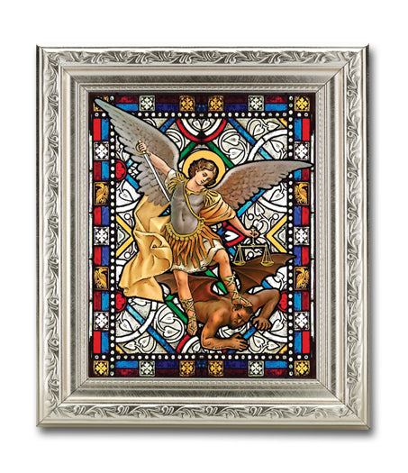 St. Michael 6"x8" Textured Italian Art Glass in 8" x 10" Detailed Silver Frame, # 1483