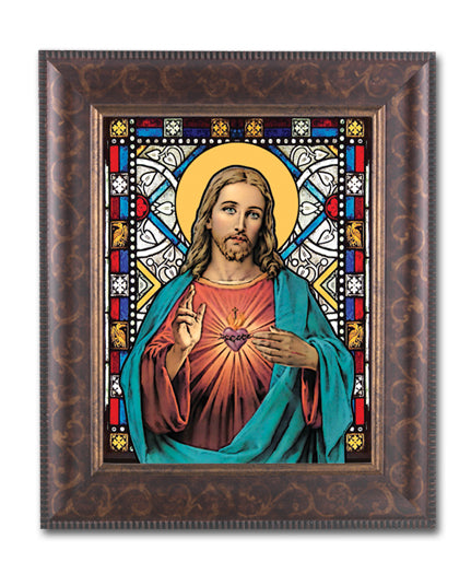 Sacred Heart 8"x10" Textured Italian Art Glass in 11"x13" Burled Wood Frame, # 1487
