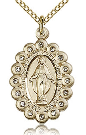 Crystal Border Miraculous Medal 13/16" 14kt Gold Filled, Your Choice of Chain # 15017