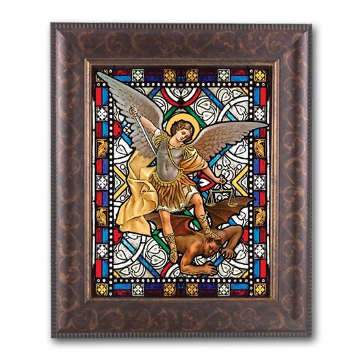 St. Michael 8"x10" Textured Italian Art Glass in 11"x13" Burled Wood Frame, # 1510