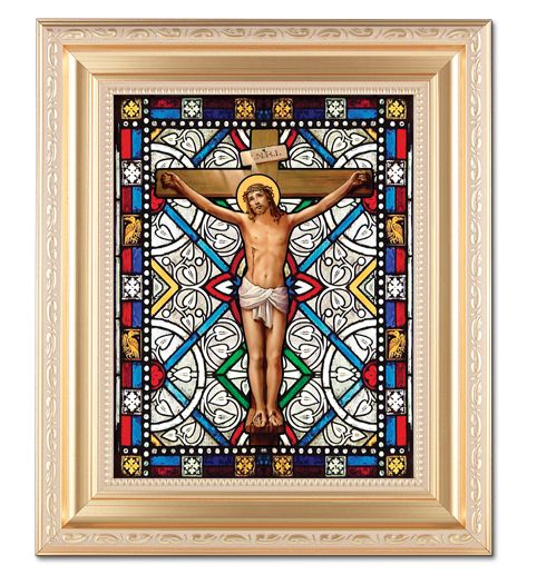 Crucifixion 8"x10" Textured Italian Art Glass in 11"x13" Satin Finished Frame, # 1516