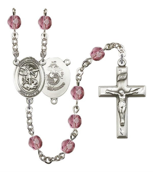 St. Michael U.S. Marines Rosary, 6mm Fire Polished Amethyst Beads, Silver Plate, # 15187