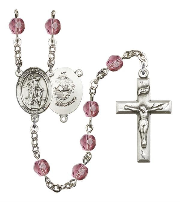 Guardian Angel U.S. Marines Rosary, 6mm Fire Polished Amethyst Beads, Silver Plate, # 15244