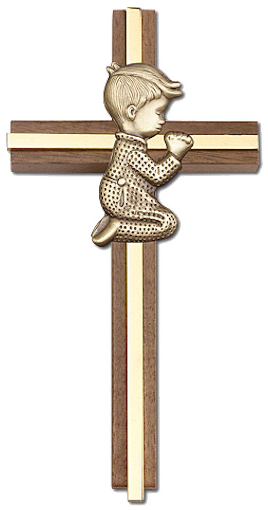 6" Praying Boy Cross, Walnut, Gold-Tone Figure & Polished Brass Inlay, # 1538
