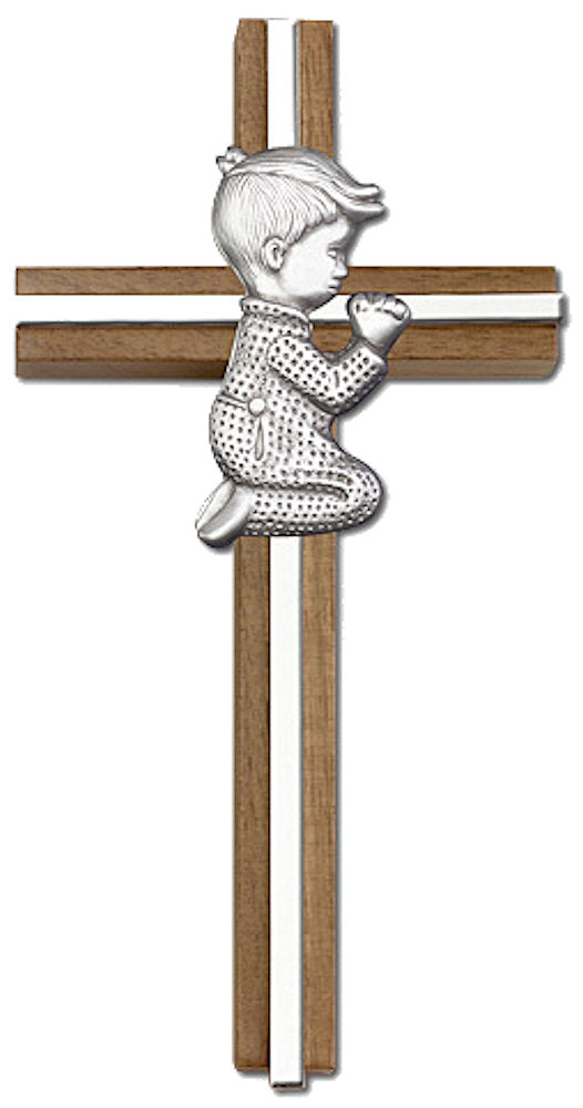 6" Praying Boy Cross, Walnut, Silver-Tone Figure & Nickel Plated Inlay, # 1539