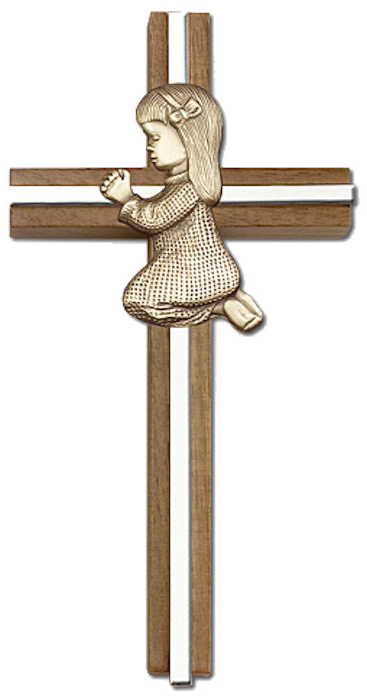 6" Praying Girl Cross, Walnut, Gold-Tone Figure & Nickel Plated Inlay, # 1542