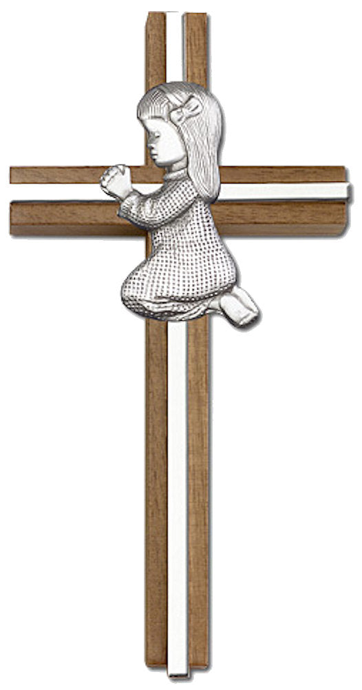 6" Praying Girl Cross, Walnut, Silver-Tone Figure & Nickel Plated Inlay, # 1544