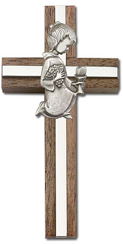 4" First Communion Girl Cross, Walnut, Silver-Tone Figure & Nickel Plated Inlay, # 1545