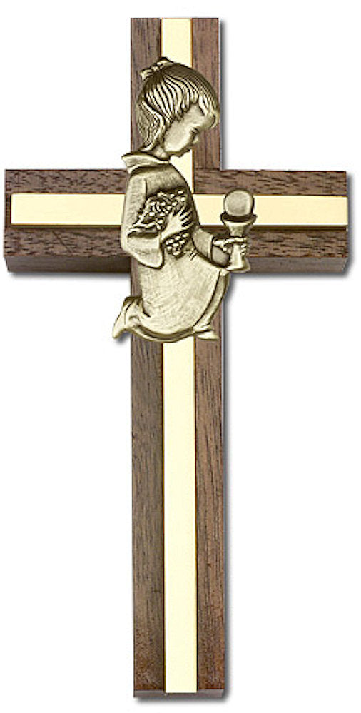 4" First Communion Girl Cross, Walnut w/ Gold-Tone Figure & Polished Brass Inlay, # 1547