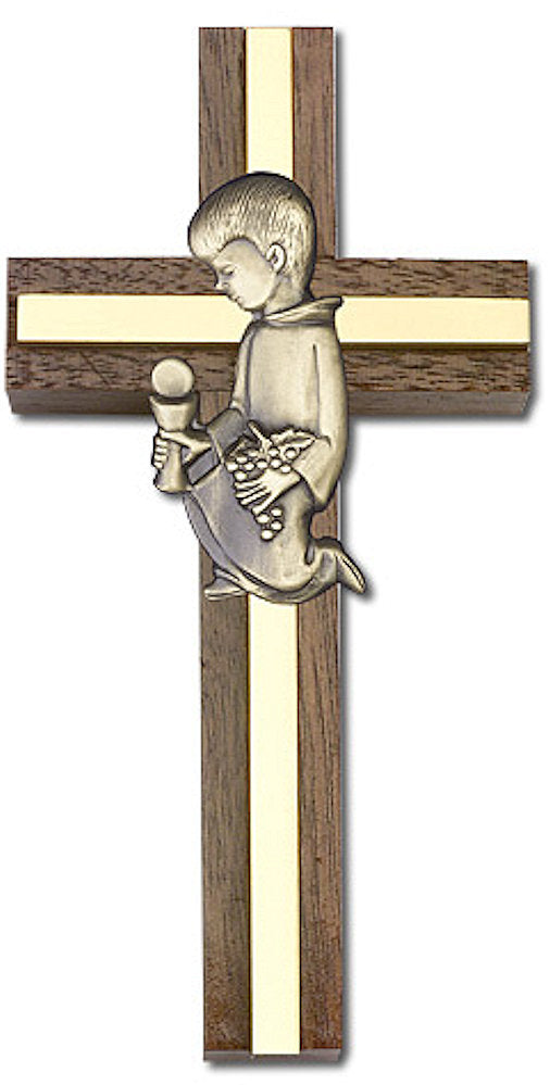 4" First Communion Boy Cross, Walnut w/ Gold-Tone Figure & Polished Brass Inlay, # 1548