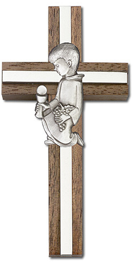 4" First Communion Boy Cross, Walnut w/ Silver-Tone Figure & Nickel Plated Inlay, # 1549