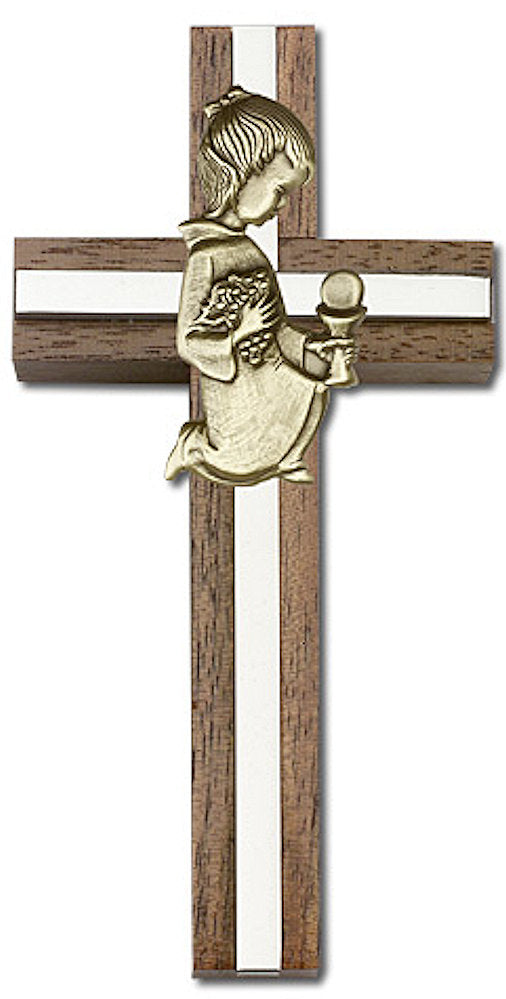 4" First Communion Girl Cross, Walnut w/ Gold-Tone Figure & Nickel Plated Inlay, # 1552