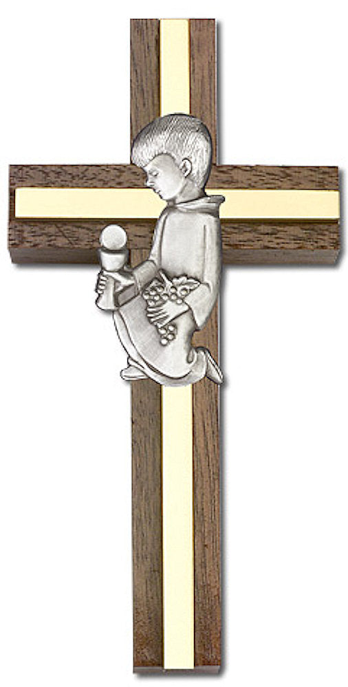 4" First Communion Boy Cross, Walnut w/ Silver-Tone Figure & Polished Brass Inlay, # 1553