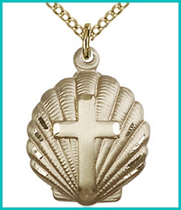 3/4" Cross / Shell Pendant, 14kt Gold Filled, Your Choice of Chain, # 15532