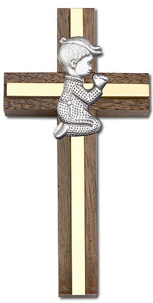 4" Praying Boy Cross, Walnut w/ Silver-Tone Figure & Polished Brass Inlay, # 1556