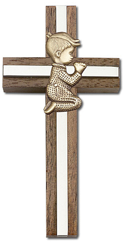 4" Praying Boy Cross, Walnut w/ Gold-Tone Figure & Nickel Plated Inlay, # 1557