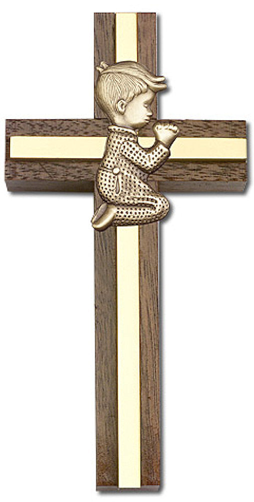 4" Praying Boy Cross, Walnut w/ Gold-Tone Figure & Polished Brass Inlay, # 1558