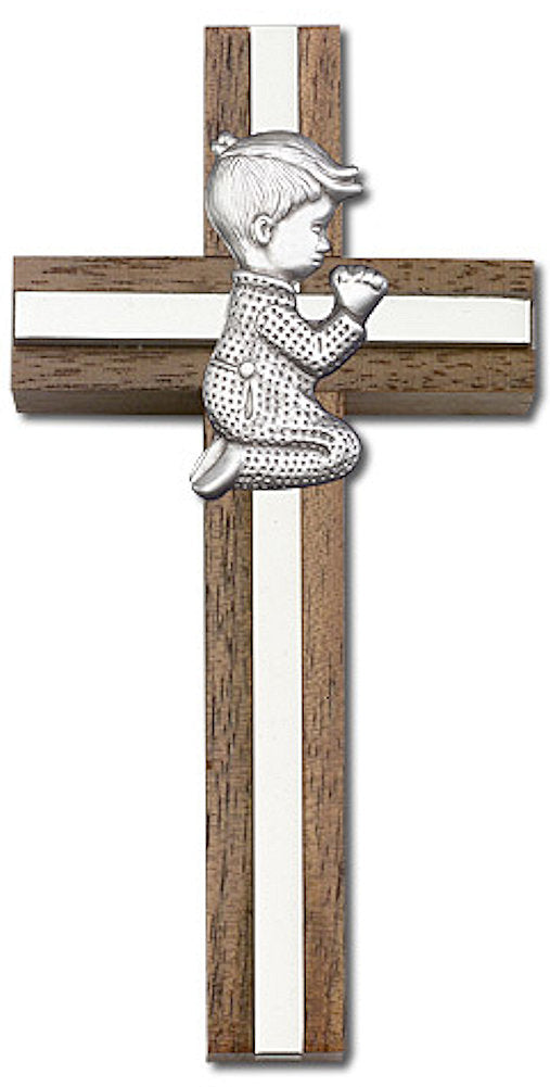 4" Praying Boy Cross, Walnut w/ Silver-Tone Figure & Nickel Plated Inlay, # 1559
