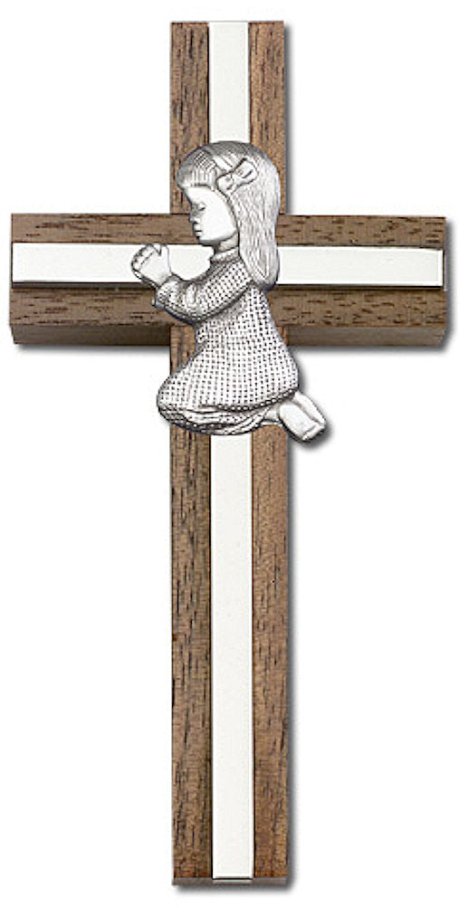 4" Praying Girl Cross, Walnut w/ Silver-Tone Figure & Nickel Plated Inlay, # 1560