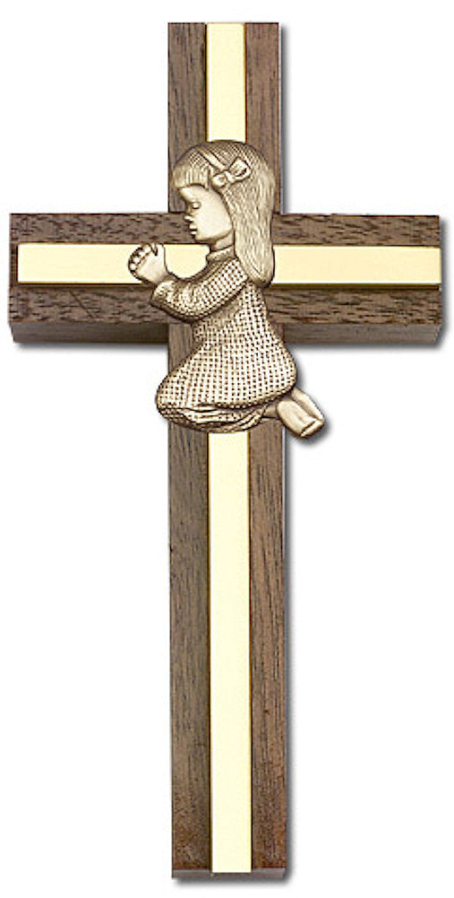 4" Praying Girl Cross, Walnut w/ Gold-Tone Figure & Polished Brass Inlay, # 1561