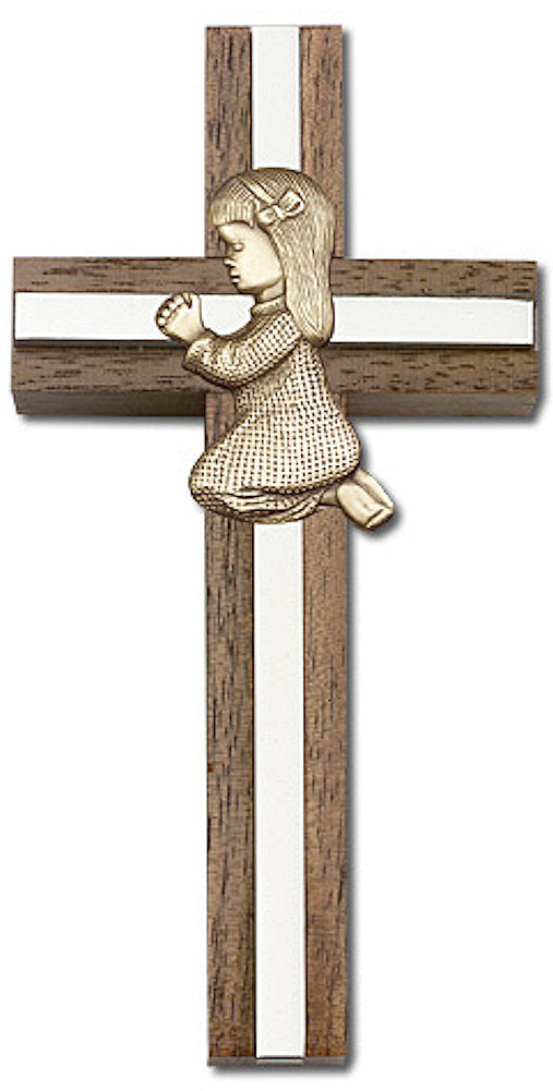 4" Praying Girl Cross, Walnut w/ Gold-Tone Figure & Nickel Plated Inlay, # 1562