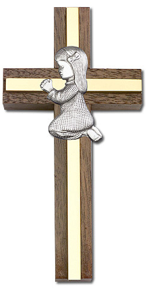 4" Praying Girl Cross, Walnut w/ Silver-Tone Figure & Polished Brass Inlay, # 156