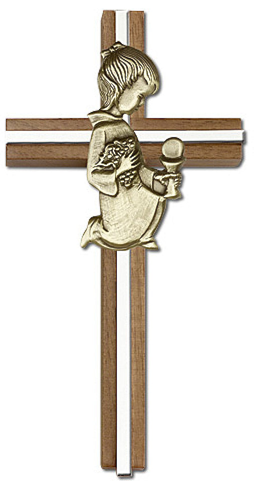 6" First Communion Girl Cross, Walnut w/ Gold-Tone Figure & Nickel Plated Inlay, # 156
