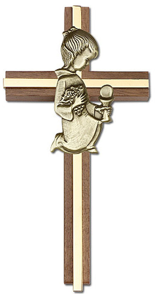 6" First Communion Girl Cross, Walnut w/ Gold-Tone Figure & Polished Brass Inlay, # 1567