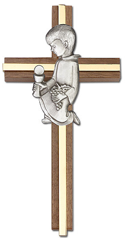 6" First Communion Boy Cross, Walnut w/ Silver-Tone Figure & Polished Brass Inlay, # 1571