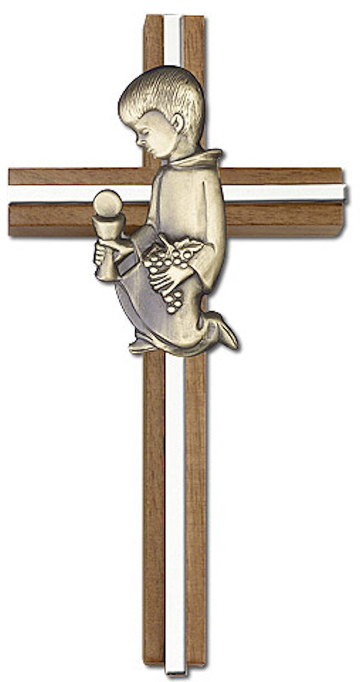 6" First Communion Boy Cross, Walnut w/ Gold-Tone Figure & Nickel Plated Inlay, # 1572