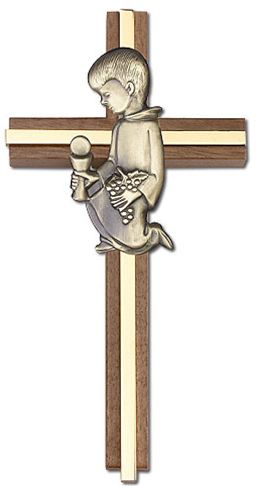 6" First Communion Boy Cross, Walnut w/ Gold-Tone Figure & Polished Brass Inlay, # 1573