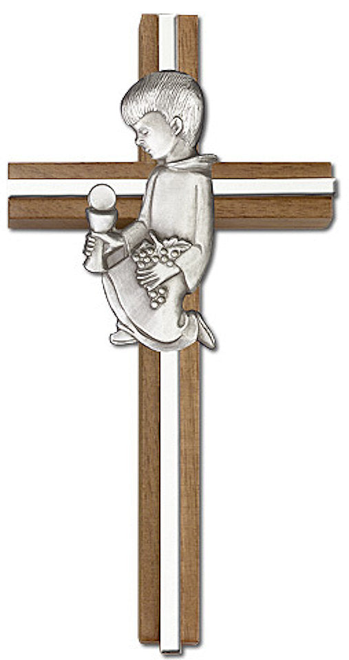 6" First Communion Boy Cross, Walnut w/ Silver-Tone Figure & Nickel Plated, # 1574