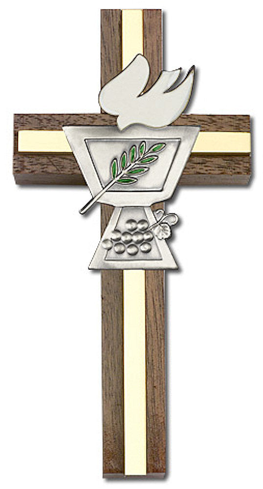 4" First Communion Cross, Walnut w/ Silver-Tone Medallion & Polished Brass Inlay, # 1575