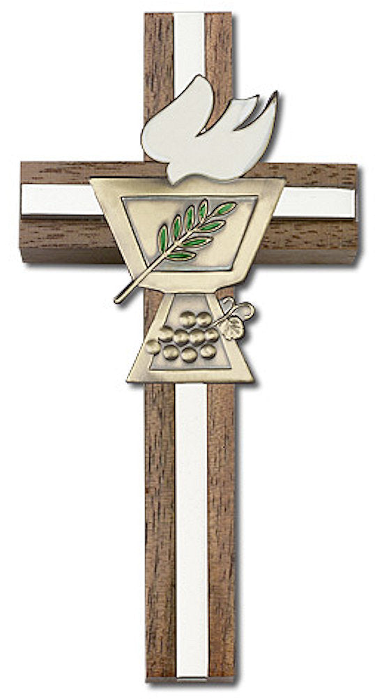 4" First Communion Cross, Walnut w/ Gold-Tone Medallion & Nickel Plated Inlay, # 1577