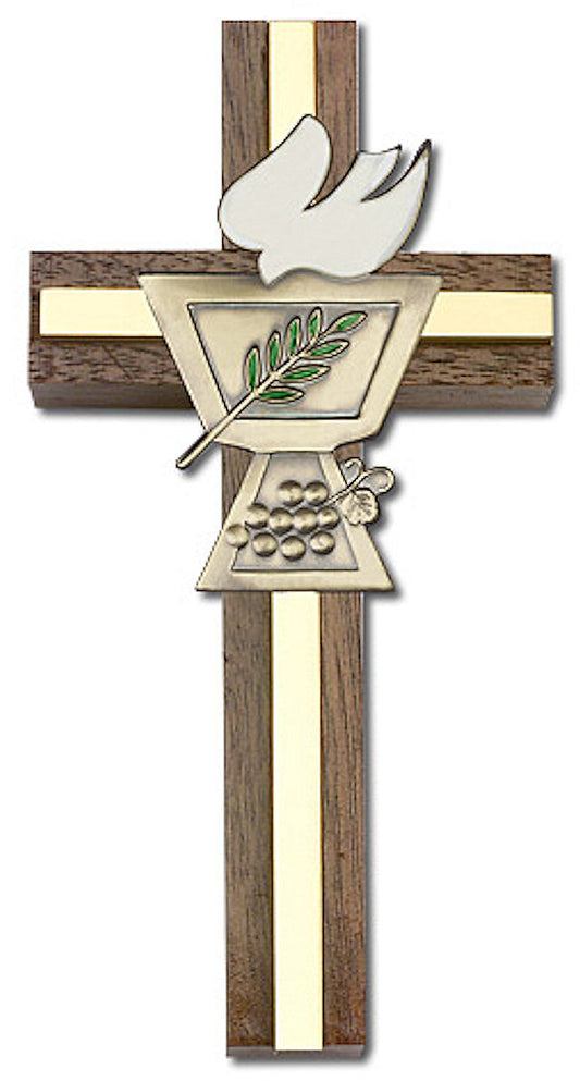 4" First Communion Cross, Walnut w/ Gold-Tone Medallion & Polished Brass Inlay, # 1578