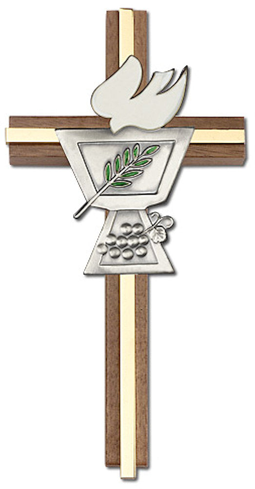 6" First Communion Cross, Walnut w/ Silver-Tone Medallion & Polished Brass Inlay, # 1580
