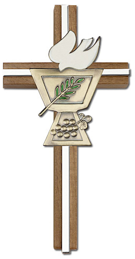6" First Communion Cross, Walnut w/ Gold-Tone Medallion & Nickel Plated Inlay, # 1581