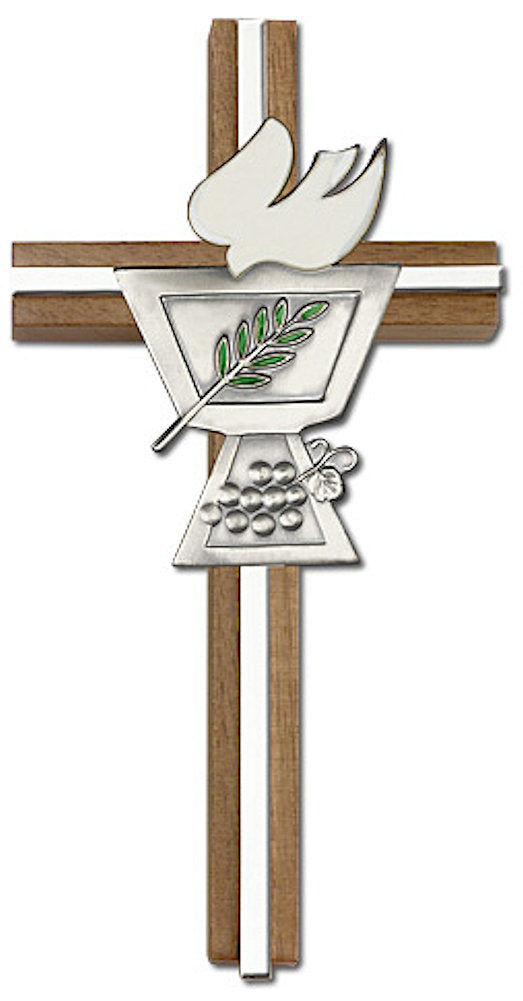 6" First Communion Cross, Walnut w/ Silver-Tone Medallion & Nickel Plated Inlay, # 1584