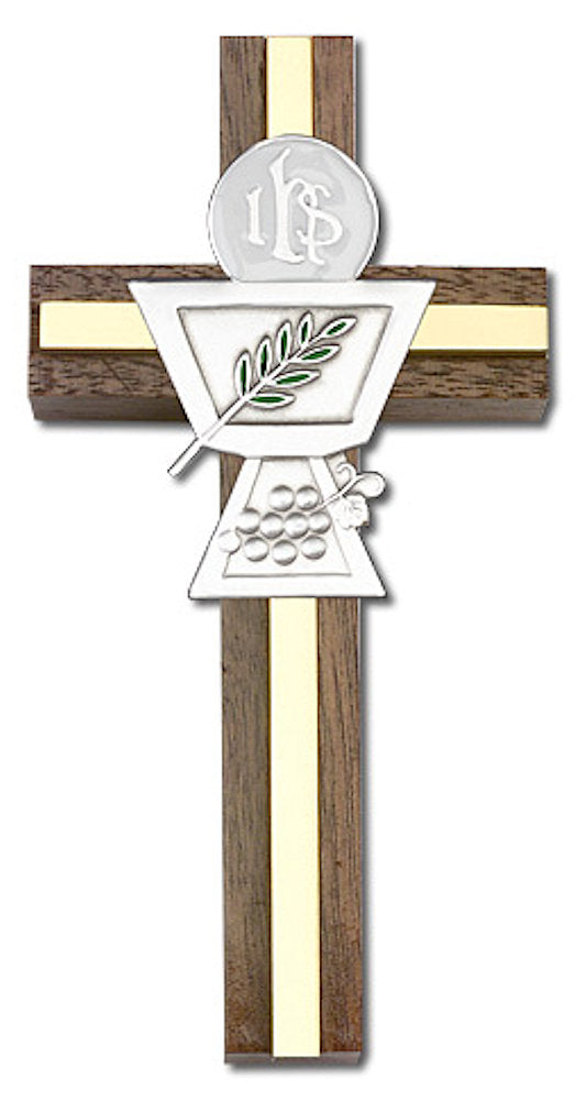4" First Communion Cross, Walnut w/ Silver-Tone Medallion & Polished Brass Inlay, # 1585 Preview Product on Storefront
