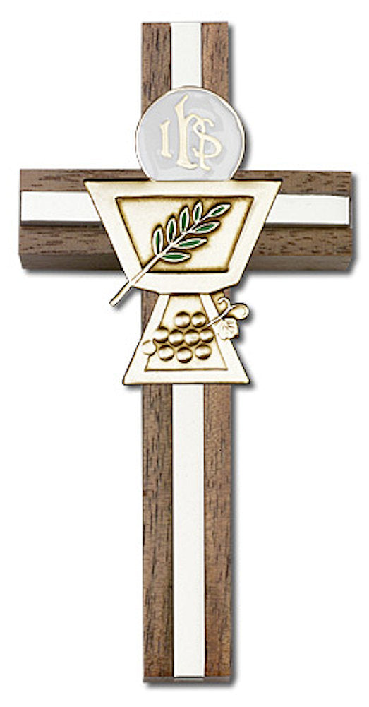 4" First Communion Cross, Walnut w/ Gold-Tone Medallion & Nickel Plated Inlay, # 1586