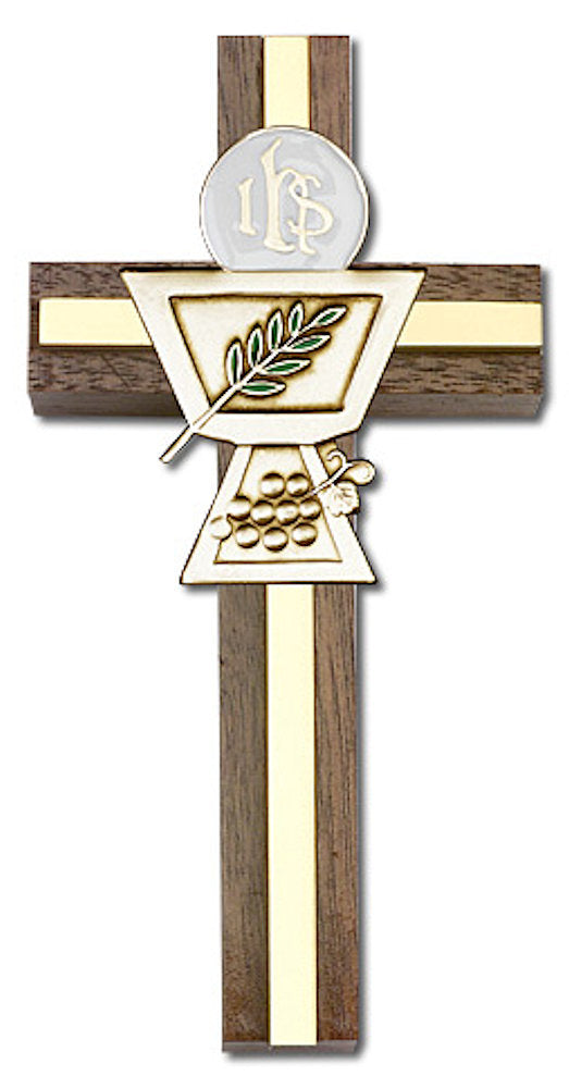 4" First Communion Cross, Walnut w/ Gold-Tone Medallion & Polished Brass Inlay, # 1587