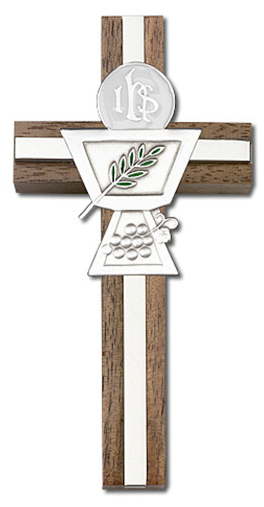 4" First Communion Cross, Walnut w/ Silver-Tone Medallion & Nickel Plated Inlay, # 1589