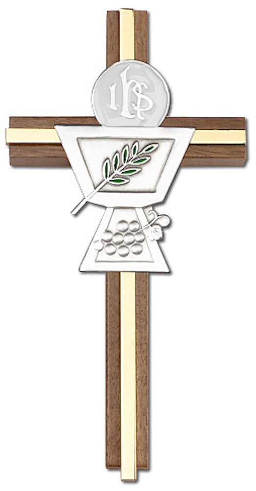 6" First Communion Cross, Walnut w/ Silver-Tone Medallion & Polished Brass Inlay, # 1590